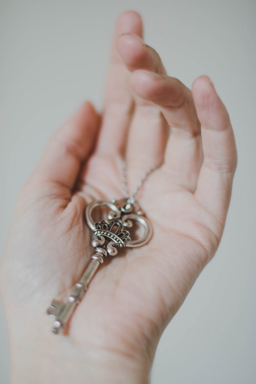 person holding silver colored skeleton key